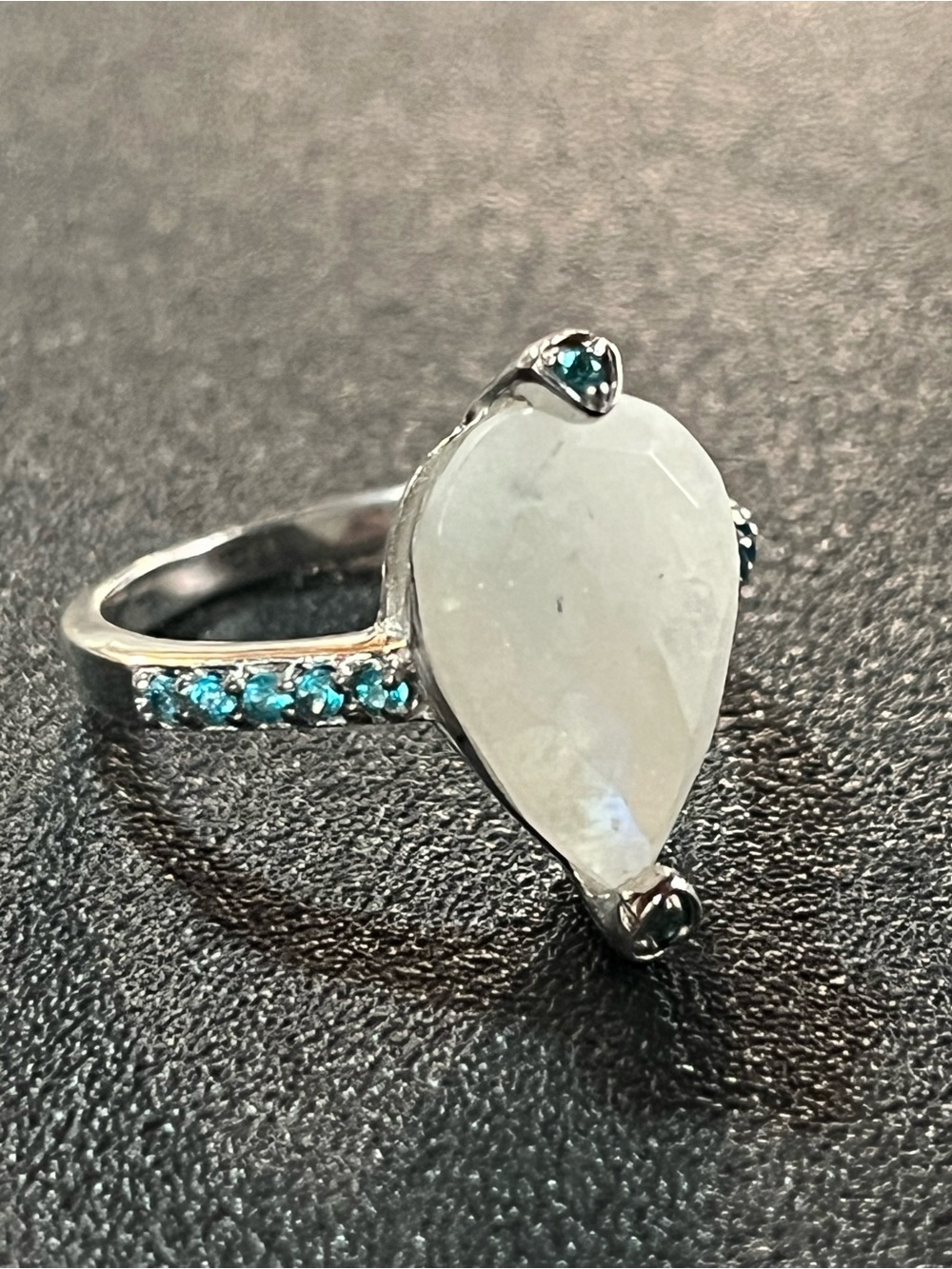 Sterling Silver Teardrop Moonstone Ring with Blue Accent Stones